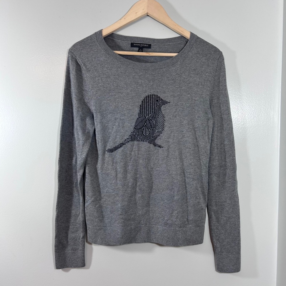 Banana Republic Gray Bird Intarsia Cotton Blend Crewneck Sweater Small